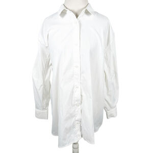 ATHLETA White Poplin Oversized Stretch Shirt Blouse UPF 40+ Side Pocket Size XL